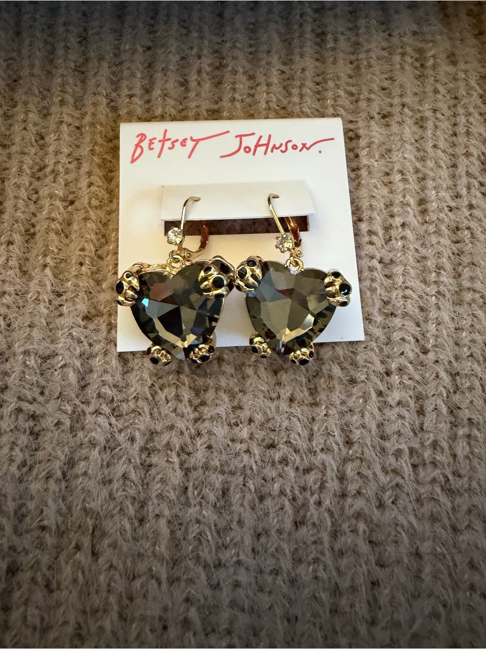 Betsey Johnson Gold Heart Drop Earrings with Gray Faceted Crystals